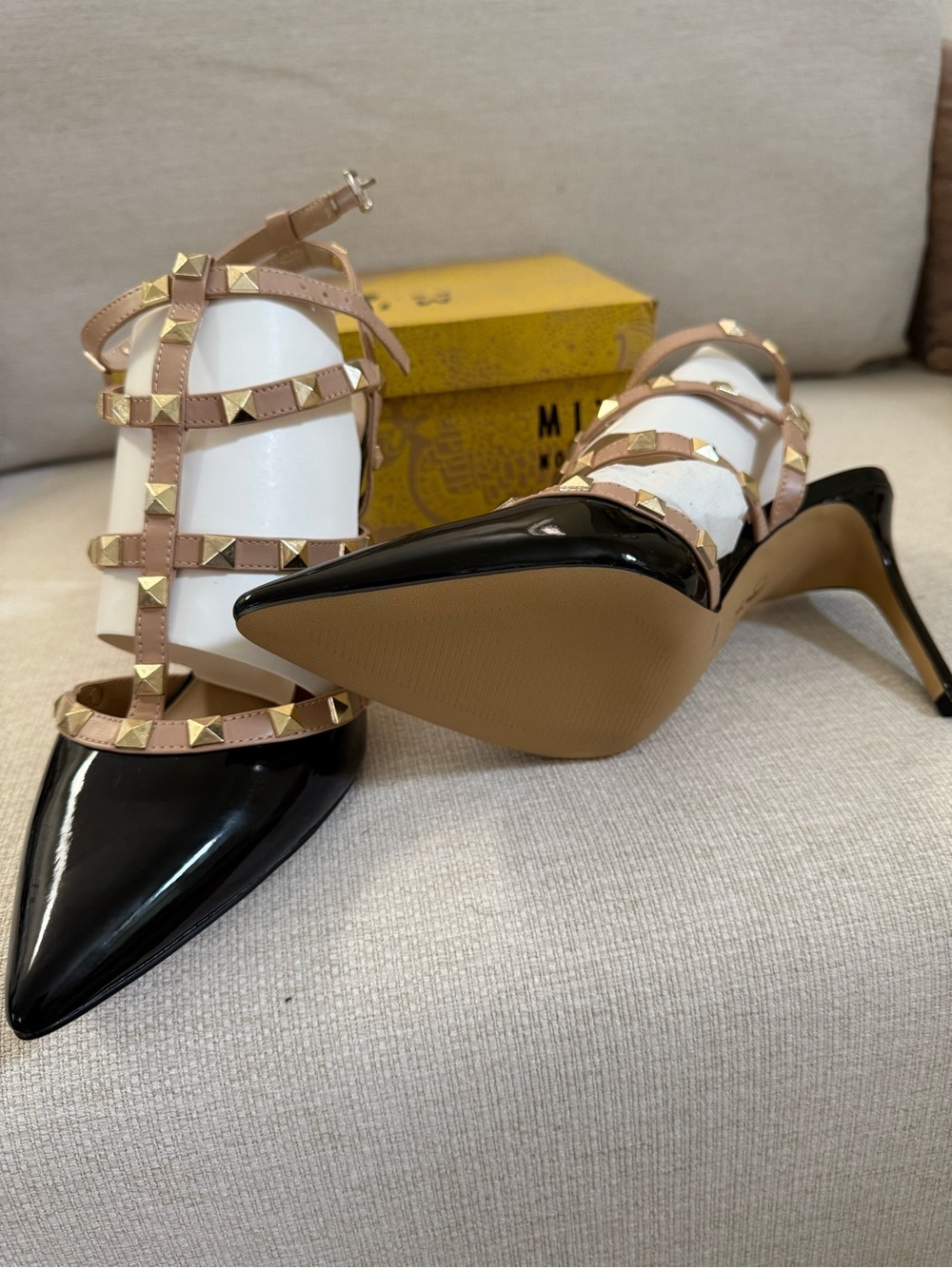 Mix No. 6 Black Patent Pointed Heels with Nude Studded Strap Cage